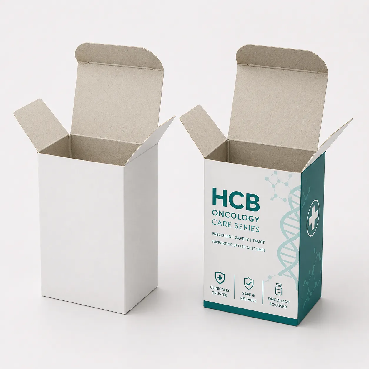Rectangular pharmaceutical boxes featuring professional blue oncology drug product designs.